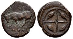 Greek Coins Sicily. Onkia. Onkia. 420-405 a.C. (Jenkins-Gela 496). (Sng Ans-105 Tetras). Anv.: Bull butting left; ••• in exergue. Rev.: Wheel of four spokes; barley grain in each quarter. Ae. 3,75 g. 