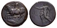 Greek Coins Sicily. Himera. Tetras. 425-409 a.C. (CNS-I 31). (Sng Ans-1339). (Hgc-2, 475). Anv.: Nude rider on a goat to left, blowing into conch; ••• and wheat grain below. Rev.: Nike advancing to le