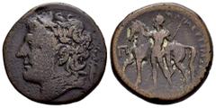 Greek Coins Sicily. The Mamertinoi. Pentonkion. 220-200 a.C. Messana. (Sng Ans-429/30). (Hgc-2, 849). Anv.: Laureate head of Ares to left; sheathed sword to right. Rev.: Horseman advancing to left, ho