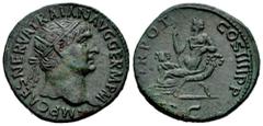 Roman Imperial Trajan. Dupondius. 100 d.C. Rome. (Ric-II 411). (Woytek-67a). (Bmcre-736). Anv.: IMP CAES NERVA TRAIAN AVG GERM P M, radiate head to right. Rev.: TR POT COS III P P, Abundantia seated t