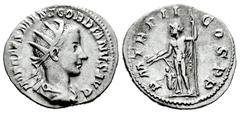 Roman Imperial Gordian III. Antoninianus. 239 d.C. Rome. (Ric-16). (Rsc-189). Anv.: P M TR P II COS P P, Jupiter standing left, holding sceptre in left hand and thunderbolt in right hand over small fi