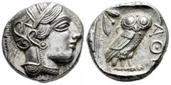 Greek Coins Attica. Tetradrachm. 454-404 BC. Athens. (Gc-2526). (Sng Cop-31). Anv.: Head of Athena right, wearing crested Attic helmet ornamented with three olive leaves above visor and spiral palmett