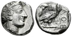 Greek Coins Attica. Athens. Tetradrachm. 454-404 BC. (Gc-2526). (Sng Cop-31). Anv.: Head of Athena right. Rev.: Owl standing to right with head facing, olive sprig and crescent behind, ΑΘΕ before; all