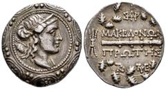 Greek Coins Macedon. Amphipolis. Tetradracma. 158-149 BC. (AMNG-178). (Sng Cop-1311). Anv.: Macedonian coat of arms, in the centre, Artemis Tauropolos on the right. Rev.: Club within an oak wreath. To