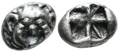 Greek Coins Mysia. Parion. Drachm. 5th century BC. (Sng Cop-256). (Sng Bnf-1351/2). Anv.: Facing gorgoneion, with mouth open and tongue protruding. Rev.: Rough square incuse. Ag. 3,91 g. Choice VF. Es