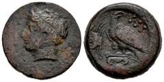 Greek Coins Sicily. Akragas. Hemilitron. 400-380 BC. (CNS-I 89). (Sng Ans-1097/1101). (Hgc-2, 139). Anv.: Head of river god Akragas to left, wearing taenia; (ΑΚΡΑΓΑΣ) before. Rev.: Head of river god A