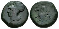 Greek Coins Sicily. Syracuse. Litra. 405-367 BC. Time of Dionysios I. (CNS-41). (Sng Ans-434/6). Anv.: ΣYPA Head of Athena to left, wearing Corinthian helmet. Rev.: Hippocamp to left. Ae. 8,23 g. VF/C
