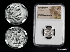 Greek Coins Epirote Republic. Epeiros. Drachm. 238 BC. (Franke-Grupo II). Rev.: Eagle standing right on thunderbolt, ΑΠΕΙ to left, ΡΩΤΑΝ to right; all within wreath . Ag. Slabbed by NGC as VF. Ex Heri