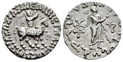 Greek Coins Indo-Skythians. Azes II. Tetradrachm. 58-12 BC. (Hgc-12, 637). (Senior-98.353vT). Anv.: BAΣIΛEΩΣ BAΣIΛEΩN MEΓAΛOY. Azes right on horseback, holding whip; gam in Karosthi to right. Rev.: Pa