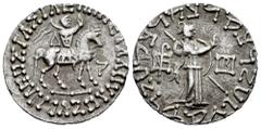 Greek Coins Indo-Skythians. Azes II. Tetradrachm. 58-12 BC. (Mitchiner-ACW # 2370). Anv.: BAΣIΛEΩΣ BAΣIΛEΩN MEΓAΛOY, Azes a caballo soseniendo un látigo. Rev.: Palas Atenea en pie a la derecha, sosten