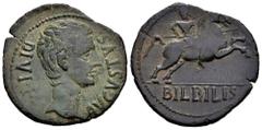 Celtiberian Coins Bilbilis. Augustus period. Unit. 27 BC - 14 AD. Calatayud (Zaragoza). (Abh-275). (Acip-3015). Anv.: AVGVSTVS. DIV. F. Laureate head of Augustus right. Rev.: Horseman right, holding s