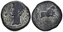 Celtiberian Coins Caesaraugusta. Augustus period. Unit. 27 BC - 14 AD. Zaragoza. (Abh-324). (Acip-3038). Anv.: IMP. AVGVSTVS. XIV. Laureate head of Augustus left, lituus and simpulum before. Rev.: Pai