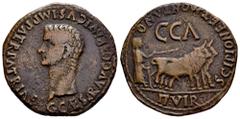 Celtiberian Coins Caesaraugusta. Time of Caligula. Unit. 37-41 AD. Zaragoza. (Abh-387). (Acip-3104c). Anv.: G. CAESAR. AVG. GERMANICVS. IMP. PATER. PATRIAE. Head of Caligula left. Rev.: Pair of oxen r