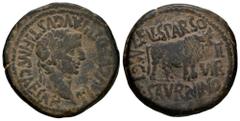 Celtiberian Coins Calagurris. Time of Tiberius. Unit. 14 - 36 BC. Calahorra (La Rioja). (Abh-429). (Pueyo-130). Anv.: TI. AVGVS. DIVI. AVGVSTLF. IMP. CAESAR. Laureate head of Tiberius right. Rev.: Bul