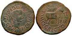 Celtiberian Coins Calagurris. Time of Tiberius. Unit. 14 - 36 BC. Calahorra (La Rioja). (Abh-430). (Acip-3130). Anv.: TI. CAESAR. DIVI. AVG. F.AVGVSTVS. Laureate head of Tiberius right. Rev.: Bull rig