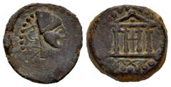 Celtiberian Coins Malaka. Cuadrante. 200-20 BC. Malaga. (Abh-1739). Anv.: Head of Vulcan right, punic legend, tongs before. Rev.: Tetrastyle temple, neo-punic legend roughly engraved. Ae. 4,28 g. Almo