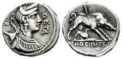 Roman Republican Hosidius. C. Hosidius C.f. Geta. Denarius. 68 BC. South of Italy. (Ffc-748). (Craw-407/2). (Cal-618). Anv.: Diademed head of Diana draped right, bow and quiver at her shoulder GETA be