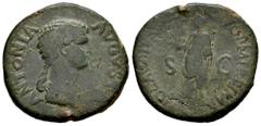 Roman Imperial Antonia. Dupondius. 41-50 AD. Rome. (Ric-I 92 Claudius). (Bmcre-166). Anv.: ANTONIA AVGVST(A), draped bust to right. Rev.: TI CLAVDIVS (CAESAR AV)G P M TR P IMP, Claudius standing to le