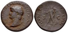 Roman Imperial Nero. Dupondius. 64 AD. Rome. (Ric-I 197). Anv.: NERO CLAVD CAESAR AVG GER P M TR P IMP P P, radiate head left. Rev.: VICTORIA AVGVSTI, Victory flying left, holding wreath and palm; S-C