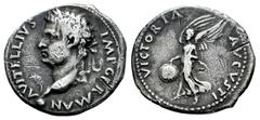 Roman Imperial Vitellius. Denarius. January - June AD 69. Tarraco. (Ric-36). (Bmcre-92). Anv.: A VITELLIVS IMP GERMAN, laureate head left, globe at point of bust; palm before. Rev.: VICTORIA AVGVSTI, 