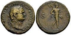 Roman Imperial Titus. Sestertius. 72 AD. Rome. (Ric-427 (Vespasian)). Anv.: (T CAES VE)SPASIAN IMP PON TR POT COS II. Rev.: Mars walking to right, carrying spear and trophy. S-C across fields. Ae. 23,