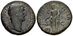 Roman Imperial Hadrian. Sestertius. 137-138 AD. Rome. (Ric-2384). Rev.: PROVIDENTIA A(VG). Providentia standing to left, leaning upon column, holding sceptre and pointing to globe at feet with wand. S