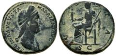 Roman Imperial Sabina. Sestertius. 128-136 AD. Rome. (Ric-1036). Anv.: SABINA AVGVSTA HADRIANI AVG P P, diademed and draped bust right, with hair in a long plait. Rev.: VESTA, Vesta seated left, holdi