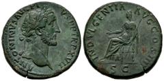 Roman Imperial Antoninus Pius. Sestertius. 153-154 AD. Rome. (Ric-914). (Bmc-1940). (C-454). Anv.: ANTONINVS AVG PIVS P P TR P XVII Laureate head of Antoninus Pius to right. Rev.: INDVLGENTIA AVG COS 