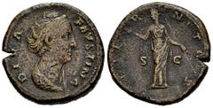 Roman Imperial Diva Faustina. Sestertius. 141 AD. Rome. (Ric-1102). Anv.: DIVA FAVSTINA, draped bust right . Rev.: AETERNITAS, Juno standing left, raising hand and holding sceptre . Ae. 24,50 g. Choic