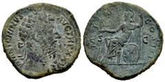 Roman Imperial Marcus Aurelius. Sestertius. 171-172 AD. Rome. (Ric-III 1037). (Bmcre-1421). (C-284). Anv.: M ANTONINVS AVG TR P XXVI, laureate head to right. Rev.: IMP VI COS III, Roma seated to left 