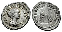 Roman Imperial Plautilla. Denarius. 202 AD. Rome. (Ric-361 (Caracalla)). Anv.: PLAVTILLAE AVGVSTAE, draped bust to right. Rev.: CONCORDIAE AETERNAE, Plautilla and Caracalla standing facing, clasping h