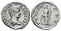 Roman Imperial Geta. Denarius. 203-208 AD. Rome. (Ric-34b). (Bmc-446). Anv.: P SEPTIMIVS GETA CAES Bare-headed and draped bust of Geta to right. Rev.: PONTIF COS Minerva standing front, head to left, 