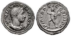 Roman Imperial Severus Alexander. Denarius. 232 AD. Rome. (Ric-IV 114). (Bmcre-862 var). (Rsc-434a). Anv.: IMP ALEXANDER PIVS AVG, laureate and draped bust to right. Rev.: P M TR P XI COS III P P, Sol