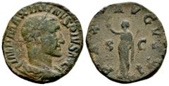 Roman Imperial Maximinus I. Sestertius. 235-238 AD. Rome. (Spink-8332). (Ric-81). Rev.: PAX AVGVSTI. Pax standing to left, holding branch and sceptre. S-C across fields. Ae. 18,48 g. Almost VF. Est...