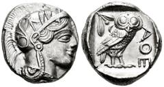 Greek Coins Attica. Tetradrachm. 454-404 BC. Athens. (Gc-2526). (Sng Cop-31). Anv.: Head of Athena right, wearing crested Attic helmet ornamented with three olive leaves above visor and spiral palmett