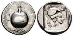 Greek Coins Pamphylia. Side. Tetradrachm. 430-400 BC. (Sng France-627). (SNG von Aulock-4765). Anv.: Pomegranate with its stem above and flower below. Rev.: Head of Athena to right, wearing crested Co