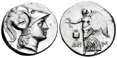 Greek Coins Pamphylia. Side. Tetradrachm. 205-100 BC. (Sng Cop-397). (McClean-8121). Anv.: Head of Athena to right, wearing crested Corinthian helmet; on bowl, countermark: ΑΠΑ and bow in bowcase in r