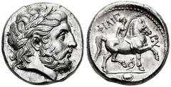 Greek Coins Kingdom of Macedon. Philip II. Tetradrachm. 359-336 BC. Pella. (Le Rider-530). (SNG Lockett-1414). Anv.: Laureate head of Zeus right. Rev.: ΦΙΛΙΠ-ΠΟΥ. Youth, holding palm frond and rein, o