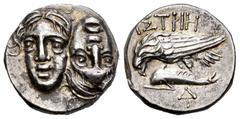 Greek Coins Kingdom of Thrace. Istros. Dracma. 400-350 BC. (Gc-1669). (Cy-1540). Anv.: Two young male heads facing (the Dioscuri?), side by side, one upright, the other inverted . Rev.: IΣTPIH, sea-ea