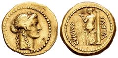 Roman Republican Vibius. C. Vibius Varus. Aureus. 42 BC. Rome. (Craw-494/34). (Babelon-Vibia 27). (Sydenham-1137). Anv.: Laureate head of Apollo to right. Rev.: C.VIBIVS VARVS Venus standing left, hal