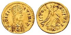 Visigothic Coins Pseudo-imperial coinage. Type of Justiniano I. Tremissis. (Tomasini-Grupo JAN-8, unlisted this var.). Anv.: DITIVI - IVINST. Rev.: VICTOI - AAVCTOI / (ONO). Au. 1,22 g. Unusual bust. 