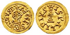 Visigothic Coins Recesvintus (649-672). Tremissis. Ispali (Sevilla). (R. Pliego-591d). (Cnv-453.1). Anv.: ✠ •RECCES|V|INTVSR•. Rev.: ✠ •ISPALIPIVS•. Cross on triple tier, without pellets. Au. 1,45 g. 