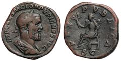 Ancient Coins Pupienus (238 AD) Sesterc - b.rzadkiObverse: IMP CAES M CLOD PVPIENVS AVG. Laureate, draped and cuirassed bust right.Rev: PAX PVBLICA / S - C.Pax seated left on throne, holding branch an