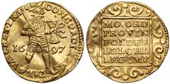 NETHERLAND'S GOLD | THE GRAIN COLLECTION Netherlands, Ducat 1697 - UtrechtIn addition to the mintmark, a rosette is also visible between the knight's legs, appearing (with slight changes) on ducats mi