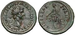 Ancient coins Nerva (96-98 AD) Dupondius - LibertasObverse: IMP NERVA CAES AVG P M TR P II COS III P PRadiate head right. Reverse: LIBERTAS PVBLICA / S - CLibertas, draped, standing left, holding pile