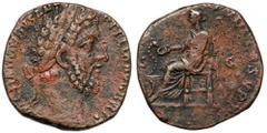 Ancient coins Commodus (177-192 AD) Sestertius, RomeObverse: M COMMODVS ANT P FELIX AVG BRITLaureate head right. Reverse: P M TR P XIII IMP VIII COS V P P / S - CSalus seated left, feeding snake coile
