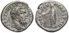 Ancient coins Pertinax (193 AD) Denarius, RomeObverse: IMP CAES P HELV PERTIN AVGLaureate bust right. Reverse: VOT DECEN TR P COS IIEmperor, veiled, togate, sacrificing out of patera over tripod.Silve