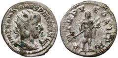 Ancient coins Gordian III (238-244 AD) Antoninian, RomeObverse: IMP GORDIANVS PIVS FEL AVGRadiate, draped and cuirassed bust right.Reverse: P M TR P V COS II P P Gordian III, in military dress, standi