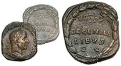 Ancient coins Aemilianus (253 AD) Sestertius, Rome - very rareObverse: IMP CAES AEMILIANVS P F AVGLaureate, cuirassed and draped bust, right.Reverse: VOTIS / DECENNA / LIBVS / S - CLaurel wreath. Bron