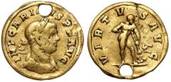 Ancient coins Carinus (283-285 AD) Aureus, Rome - rareObverse: IMP CARINVS P F AVGLaureate, cuirassed and draped bust right.Reverse: VIRTVS AVGHercules, standing right, leaning on club with lion's ski